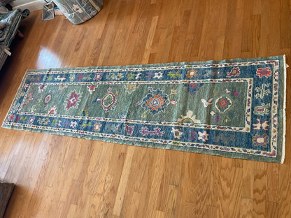 Turkish Oushak Runner, 2'10" x 10'3", in blue, green, ivory and pink - photo 2