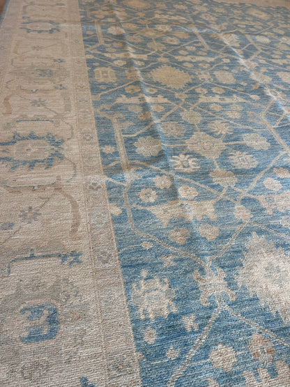 Afghan Oushak Rug, 9' x 11'8", in beige, blue and tan - photo 2