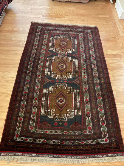 Antique Persian Baluch Rug, 3'9" x 6'6", in burgundy, camel, ivory and navy