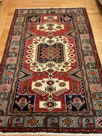 Vintage Persian Malayer Rug, 4'4" x 6'10", in grey, ivory, navy and red