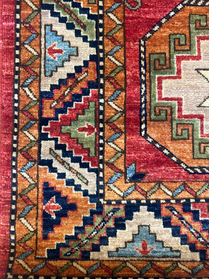 Afghan Kazak Rug, 2'11" x 4'10", in green, ivory, navy and orange - photo 2