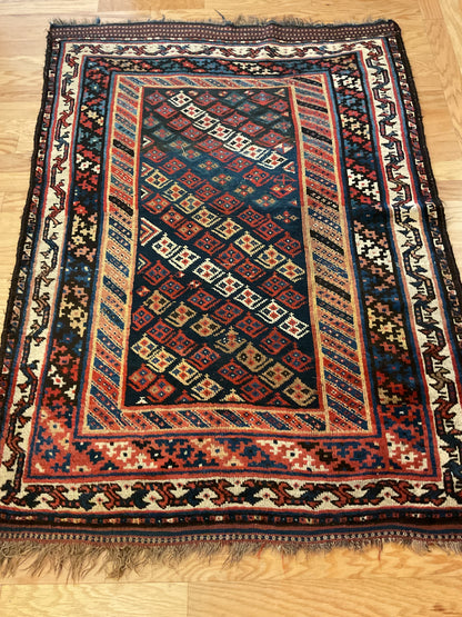 Antique Persian Kurdish Rug, 4' x 5'6", in blue, ivory, navy and red - photo 2