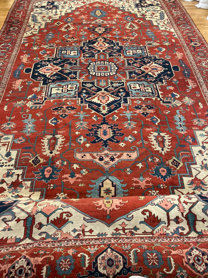 Antique Persian Serapi Rug, 13' x 19'6", in blue, ivory, navy and rust