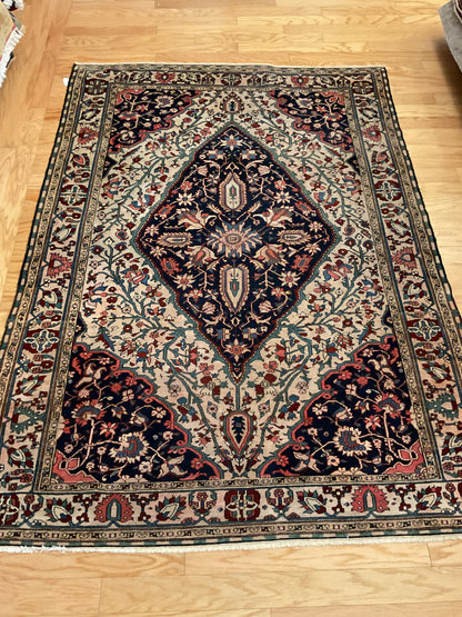 Antique Persian Mishan Malayer Rug, 4'7" x 6'5", in green, ivory, navy and salmon - photo 4