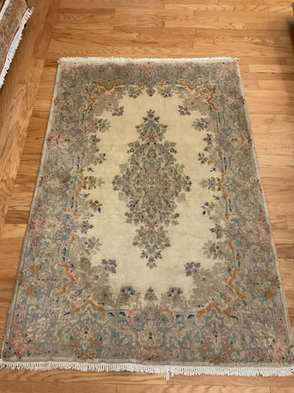 Antique Persian Kerman Rug, 4' x 6'1", in baby blue, gold and ivory