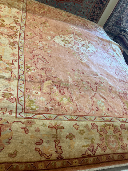 Vintage Turkish Oushak Rug, 9'1" x 11'10", in brick, burgundy, gold and green