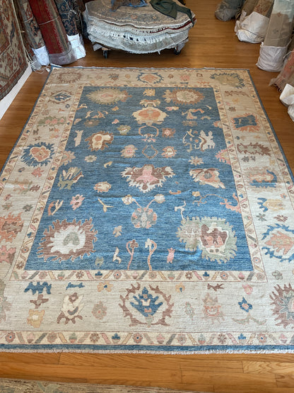 Afghan Oushak Rug, 10' x 14', in beige, blue, brown and peach - photo 2