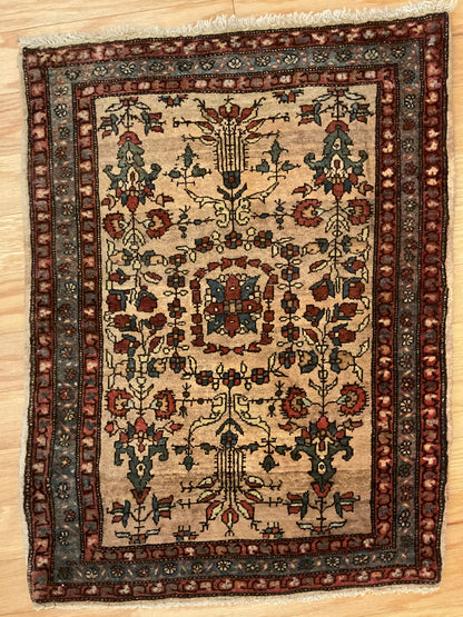 Antique Persian Sarouk Rug, 1'9" x 2'5", in brown, green, red and tan