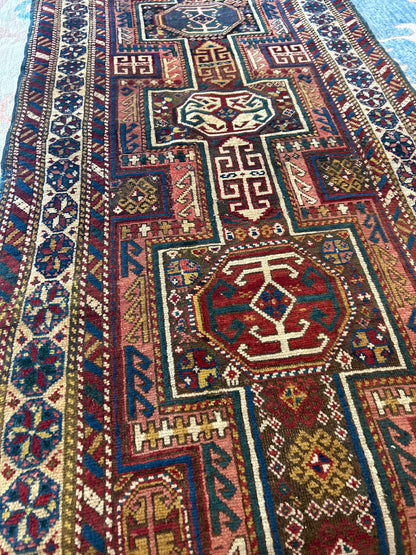 Antique Russian Kazak Runner, 2'11" x 11'1", in burgundy, ivory, navy and red - photo 4