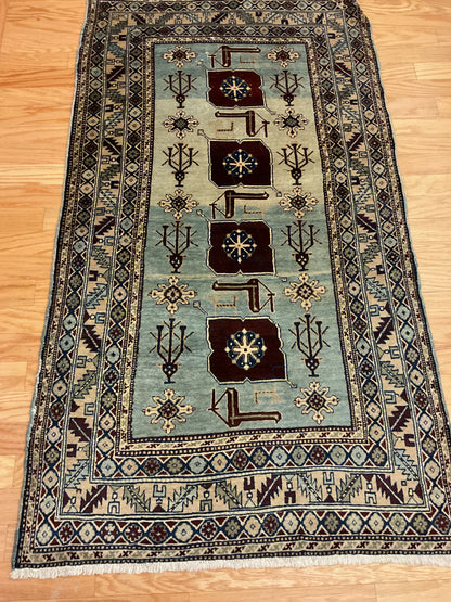 Antique Turkish Kazak Rug, 3'3" x 5'10", in baby blue, brown, burgundy and ivory - photo 4