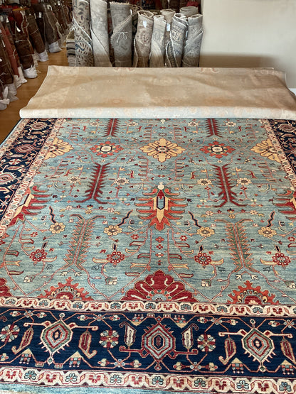 Afghan Heriz Serapi Rug, 9'8" x 13'5", in baby blue, gold, ivory and navy