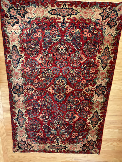 Antique Persian Sarouk Rug, 4'2" x 6'8", in ivory, navy, pink and red
