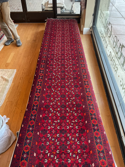 Afghan Bokhora Runner, 2'9" x 12'9", in ivory, navy and red