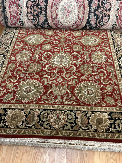 Indian Agra Jaipur Rug, 9'4" x 12'2", in beige, black, green and red