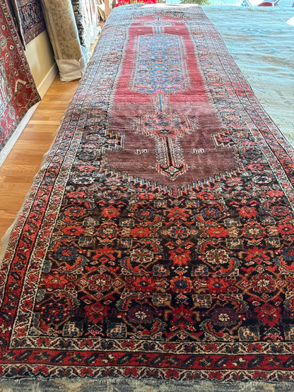 Antique Persian Malayer Runner, 3'7" x 13'5", in blue, navy, red and rose