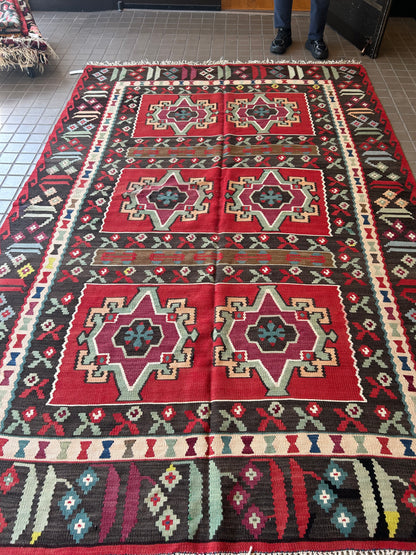 Vintage Turkish Bessarabian Kilim, 6'10" x 10', in charcoal, green, ivory and red
