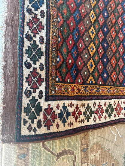 Antique Persian Kurdish Runner, 4'2" x 10'7", in gold, green, ivory and navy - photo 2