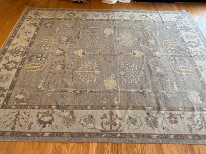 Turkish Oushak Rug, 8'8" x 11'3", in brown, cream and green