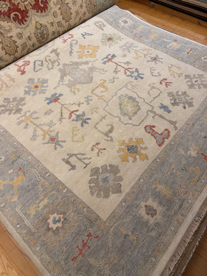 Indian Oushak Rug, 8' x 10', in cream and grey