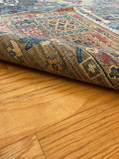 Afghan Mohal Rug, 4' x 5'8", in gold, grey, navy and orange - photo 3