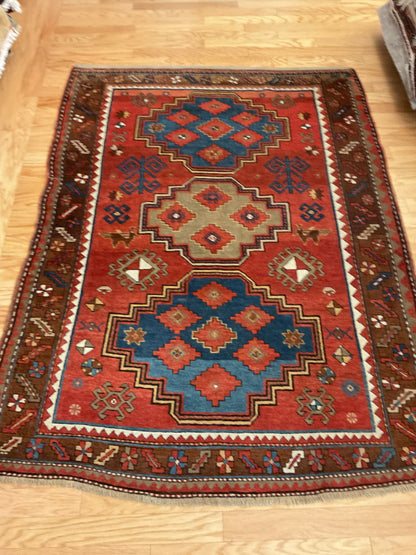 Antique Russian Kazak Rug, 4'7" x 7'6", in blue, brown, ivory and rust - photo 4