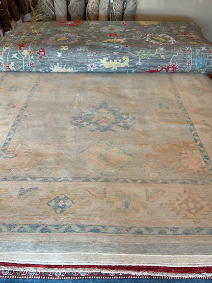Turkish Oushak Rug, 10' x 12'10", in beige, blue and peach
