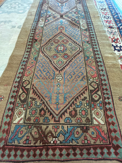 Antique Persian Kurdish Sarab Runner, 3'4" x 13'2", in blue, brown, camel and red
