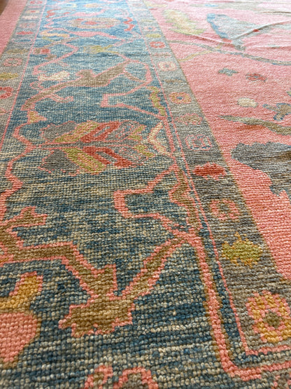 Turkish Oushak Rug, 12'8" x 14'7", in blue, green, pink and yellow - photo 5