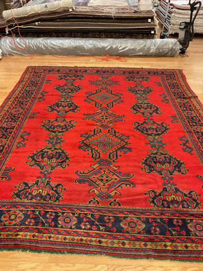 Vintage Turkish Oushak Rug, 9'5" x 11'6", in black, navy and red