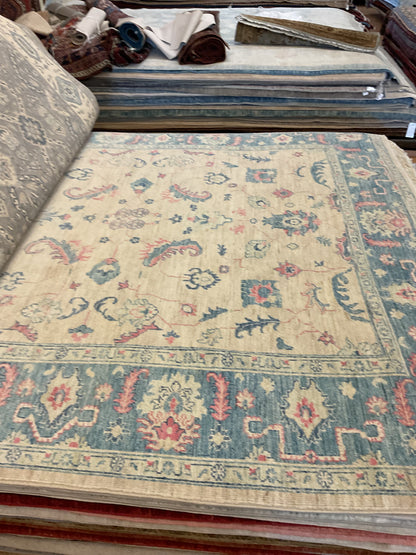 Afghan Oushak Rug, 8'3" x 9'5", in beige, salmon and teal