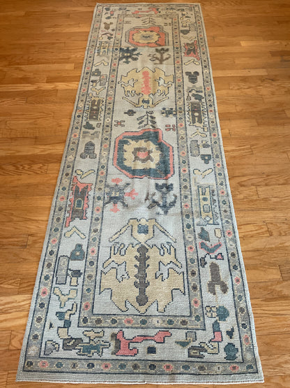 Turkish Oushak Runner, 3'2" x 9'10", in beige, gold, navy and salmon - photo 4