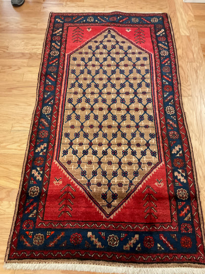 Antique Persian Kurdish Rug, 3'8" x 6'9", in camel, navy and red