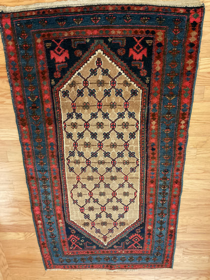 Antique Persian Kurdish Hamadan Rug, 3'5" x 6', in beige, blue, navy and red - photo 4