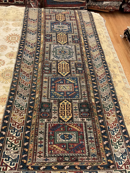 Antique Russian Kazak Runner, 3'11" x 9'10", in beige, blue, gold and navy - photo 4