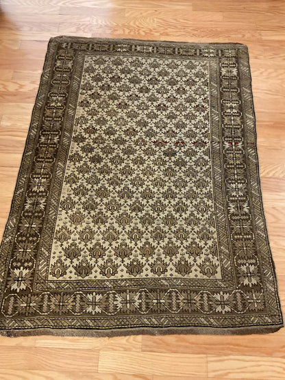 Antique Russian Kazak Rug, 3'9" x 4'11", in beige, brown and ivory
