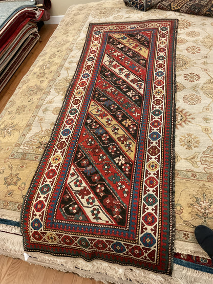 Antique Russian Kazak Runner, 2'11" x 7'10", in blue, ivory, navy and red