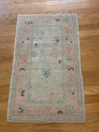 Turkish Oushak Rug, 2'3" x 3'8", in cream, peach, pink and teal
