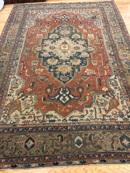 Antique Persian Serapi Rug, 8'3" x 11'4", in brick, green, ivory and navy