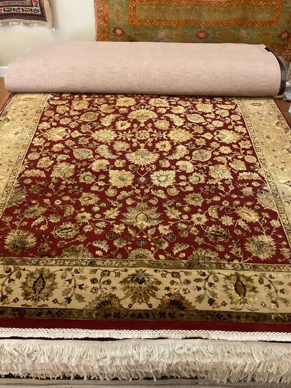 Indian Agra Jaipur Rug, 8' x 10', in beige, gold, ivory and red