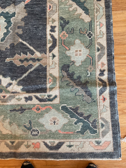 Turkish Oushak Rug, 8'1" x 9'6", in charcoal, green, ivory and peach - photo 4