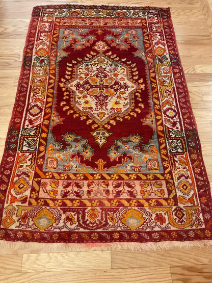 Antique Turkish Anatolian Rug, 3'7" x 5'9", in baby blue, ivory, orange and red - photo 4