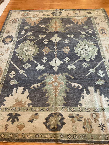 Turkish Oushak Rug, 8'1" x 9'10", in beige, charcoal, green and peach - photo 3