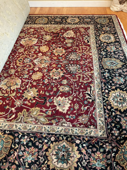 Indian Tabriz Rug, 10' x 14'5", in burgundy, green, ivory and navy