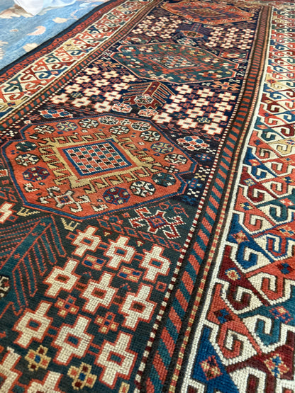 Antique Russian Kazak Runner, 3'9" x 10'10", in gold, green, ivory and navy - photo 4