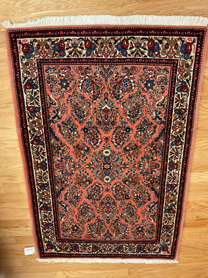 Vintage Persian Sarouk Rug, 3'6" x 5'3", in ivory, navy and salmon