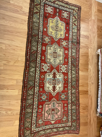 Antique Russian Kazak Runner, 3'6" x 8'1", in green, ivory, red and yellow - photo 2