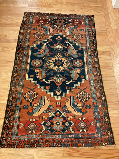 Antique Persian Kurdish Rug, 3'5" x 5'6", in baby blue, ivory, navy and rust