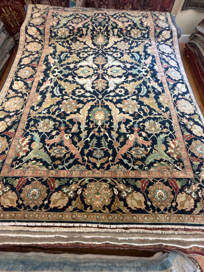 Indian Mohal Rug, 8'9" x 11'10", in beige, green, navy and peach
