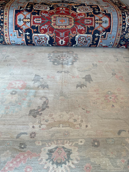 Afghan Oushak Rug, 10'4" x 14', in charcoal, grey, pink and sea moss - photo 2