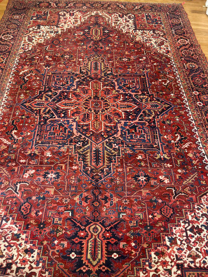 Antique Persian Heriz Rug, 11'4" x 17'9", in blue, brick, gold and ivory - photo 2